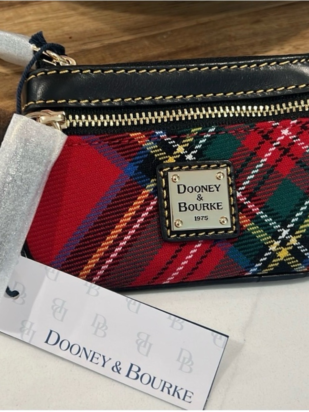 Dooney & Bourke Red Green Blue Tartan Wristlet with Black Trim NEW NWT